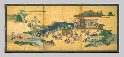 Lot 241 - KANO SCHOOL: A FINE PAIR OF ‘KARAKO BOYS’ SIX-PANEL BYOBU SCREENS