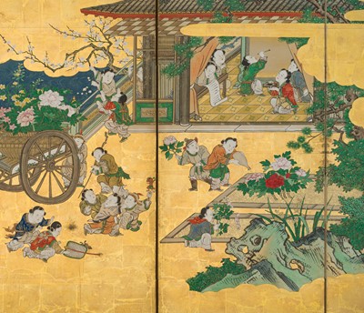 Lot 241 - KANO SCHOOL: A FINE PAIR OF ‘KARAKO BOYS’ SIX-PANEL BYOBU SCREENS