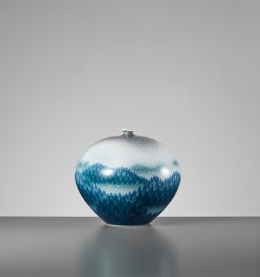 Lot 137 - FUJII SHUMEI: A FINE SNOW-FLAKE GLAZE VASE DEPICTING A WINTER FOREST