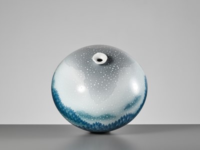 Lot 137 - FUJII SHUMEI: A FINE SNOW-FLAKE GLAZE VASE DEPICTING A WINTER FOREST