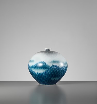 Lot 137 - FUJII SHUMEI: A FINE SNOW-FLAKE GLAZE VASE DEPICTING A WINTER FOREST