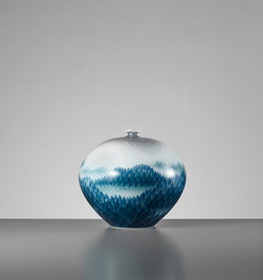 Lot 137 - FUJII SHUMEI: A FINE SNOW-FLAKE GLAZE VASE DEPICTING A WINTER FOREST
