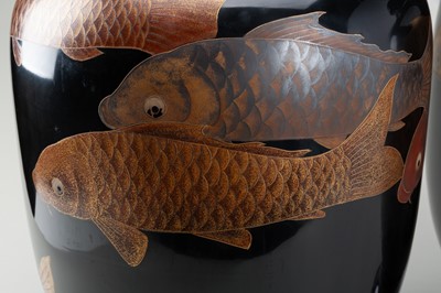 MIURA MEIHO: A PAIR OF LACQUERED WOOD VASES WITH CARPS