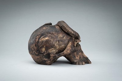 Lot 255 - A LIFESIZE CERAMIC MEMENTO MORI OF A SKULL WITH A SNAKE
