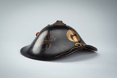 A LACQUERED JINGASA (WAR HAT) WITH TOMOE MON