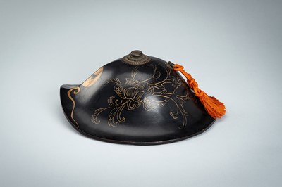 A LACQUERED JINGASA (WAR HAT) WITH TOMOE MON