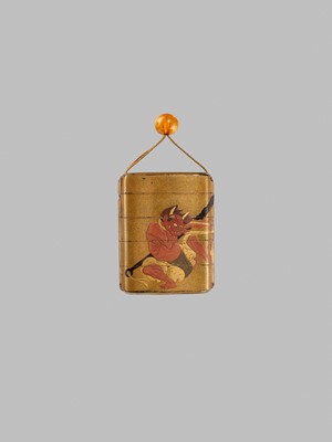 Lot 339 - A RARE GOLD LACQUER FOUR-CASE INRO DEPICTING ASAHINA SABURO AND AN ONI ENGAGED IN KUBIHIKI (NECK WRESTLING)