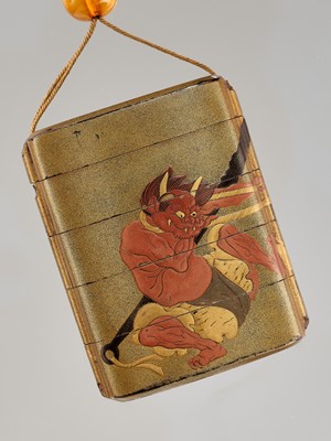 Lot 339 - A RARE GOLD LACQUER FOUR-CASE INRO DEPICTING ASAHINA SABURO AND AN ONI ENGAGED IN KUBIHIKI (NECK WRESTLING)