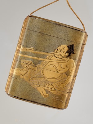 Lot 339 - A RARE GOLD LACQUER FOUR-CASE INRO DEPICTING ASAHINA SABURO AND AN ONI ENGAGED IN KUBIHIKI (NECK WRESTLING)