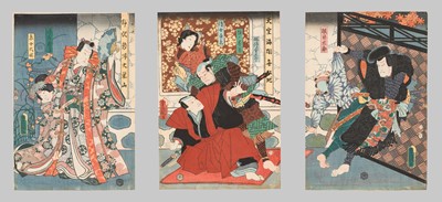 Lot 2029 - UTAGAWA KUNISADA I AND UTAGAWA HIROSHIGE II: TRIPTYCH OF NENO-I TARO FIGHTING A GUARD