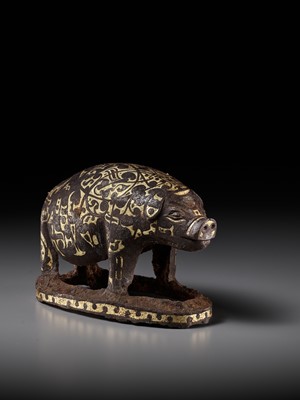 Lot 66 - A GOLD AND SILVER-INLAID IRON FIGURE OF A PIG, WARRING STATES PERIOD TO HAN DYNASTY