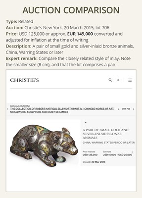 Lot 66 - A GOLD AND SILVER-INLAID IRON FIGURE OF A PIG, WARRING STATES PERIOD TO HAN DYNASTY