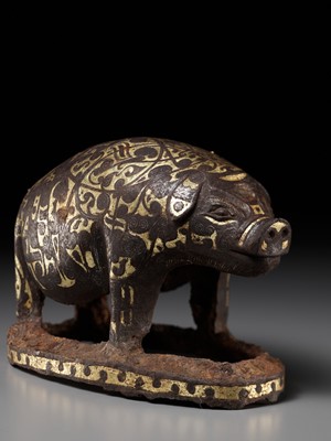 Lot 66 - A GOLD AND SILVER-INLAID IRON FIGURE OF A PIG, WARRING STATES PERIOD TO HAN DYNASTY