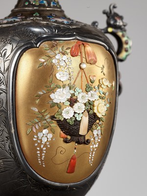 Lot 117 - NAOYUKI: A SUPERB CLOISONNÉ ENAMEL AND SHIBAYAMA INLAID FLORIFORM VASE WITH MANDARIN DUCKS (OSHIDORI)