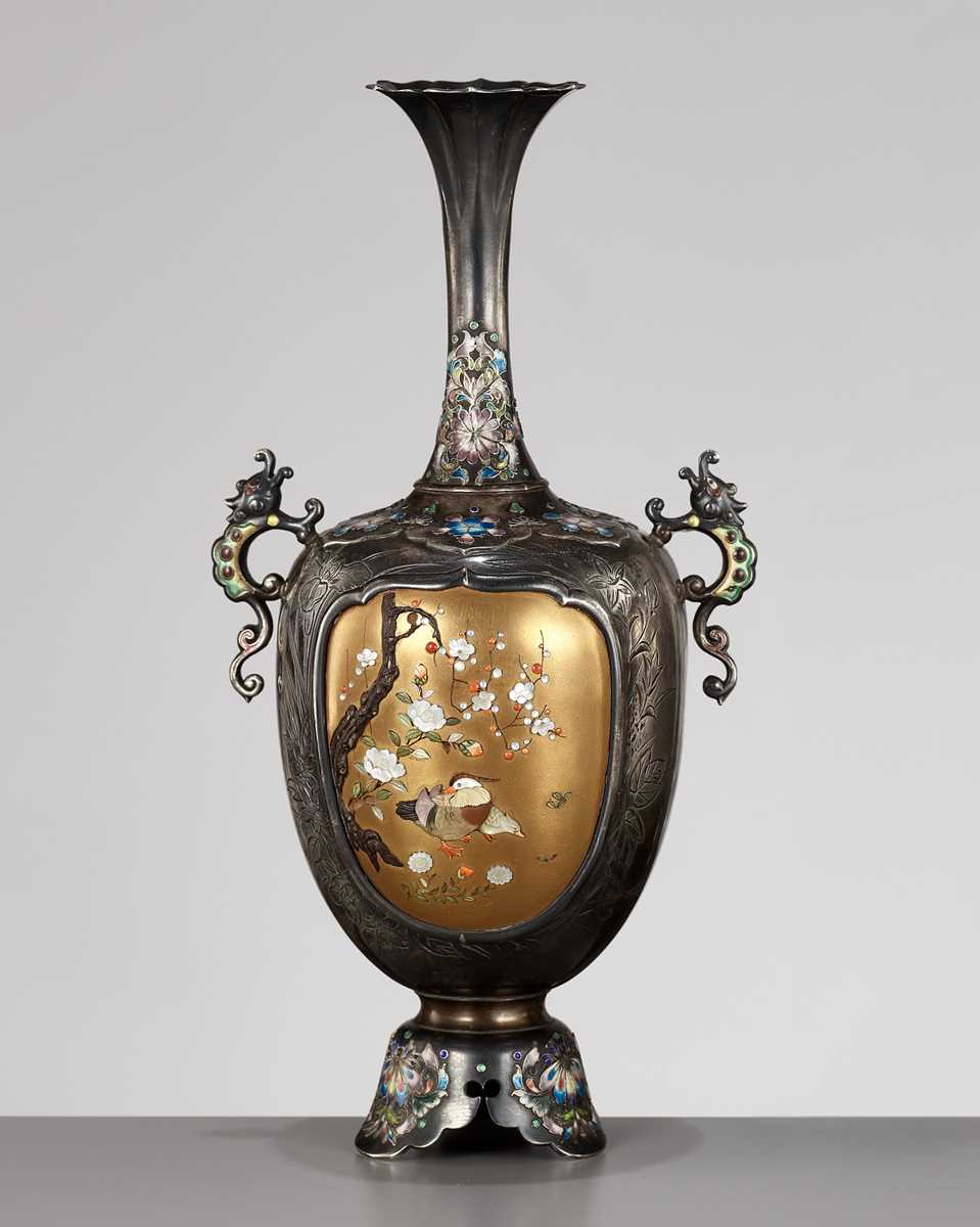 Lot 117 - NAOYUKI: A SUPERB CLOISONNÉ ENAMEL AND SHIBAYAMA INLAID FLORIFORM VASE WITH MANDARIN DUCKS (OSHIDORI)