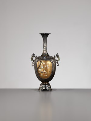 Lot 117 - NAOYUKI: A SUPERB CLOISONNÉ ENAMEL AND SHIBAYAMA INLAID FLORIFORM VASE WITH MANDARIN DUCKS (OSHIDORI)