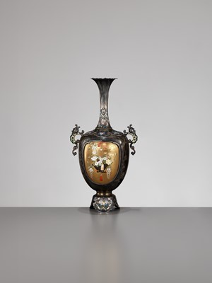 Lot 117 - NAOYUKI: A SUPERB CLOISONNÉ ENAMEL AND SHIBAYAMA INLAID FLORIFORM VASE WITH MANDARIN DUCKS (OSHIDORI)