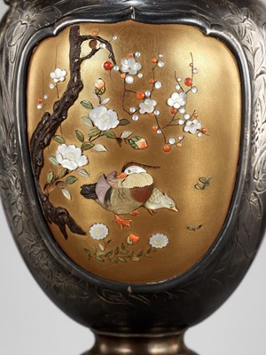 Lot 117 - NAOYUKI: A SUPERB CLOISONNÉ ENAMEL AND SHIBAYAMA INLAID FLORIFORM VASE WITH MANDARIN DUCKS (OSHIDORI)