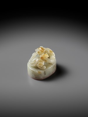 Lot 103 - A CELADON AND RUSSET ‘CHILONG’ JADE SEAL, JIANGUTANG (HALL OF APPRAISAL OF ANTIQUITIES), ATTRIBUTED TO ZHAO ZHIQUAN (1829-1884)