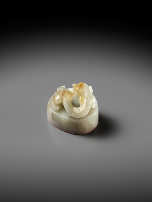Lot 103 - A CELADON AND RUSSET ‘CHILONG’ JADE SEAL, JIANGUTANG (HALL OF APPRAISAL OF ANTIQUITIES), ATTRIBUTED TO ZHAO ZHIQUAN (1829-1884)
