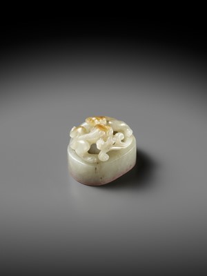 Lot 103 - A CELADON AND RUSSET ‘CHILONG’ JADE SEAL, JIANGUTANG (HALL OF APPRAISAL OF ANTIQUITIES), ATTRIBUTED TO ZHAO ZHIQUAN (1829-1884)