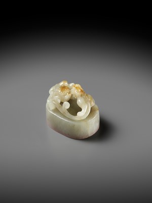 Lot 103 - A CELADON AND RUSSET ‘CHILONG’ JADE SEAL, JIANGUTANG (HALL OF APPRAISAL OF ANTIQUITIES), ATTRIBUTED TO ZHAO ZHIQUAN (1829-1884)