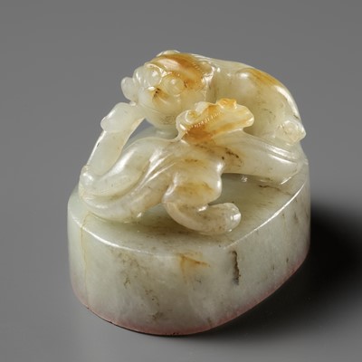 Lot 103 - A CELADON AND RUSSET ‘CHILONG’ JADE SEAL, JIANGUTANG (HALL OF APPRAISAL OF ANTIQUITIES), ATTRIBUTED TO ZHAO ZHIQUAN (1829-1884)