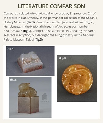 Lot 102 - A PALE GRAY AND RUSSET JADE ‘CHILONG’ SEAL OF THE KING OF ZHONGSHAN, WESTERN HAN DYNASTY