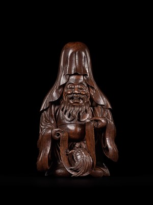 Lot 21 - A MASSIVE AND SUPERB WOOD OKIMONO OF JUROJIN AND MINOGAME