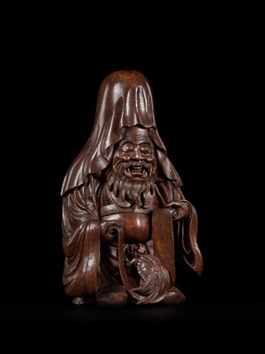 Lot 21 - A MASSIVE AND SUPERB WOOD OKIMONO OF JUROJIN AND MINOGAME