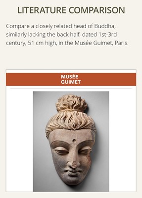 Lot 221 - A LARGE GRAY SCHIST HEAD OF BUDDHA SHAKYAMUNI, ANCIENT REGION OF GANDHARA, 2ND-3RD CENTURY