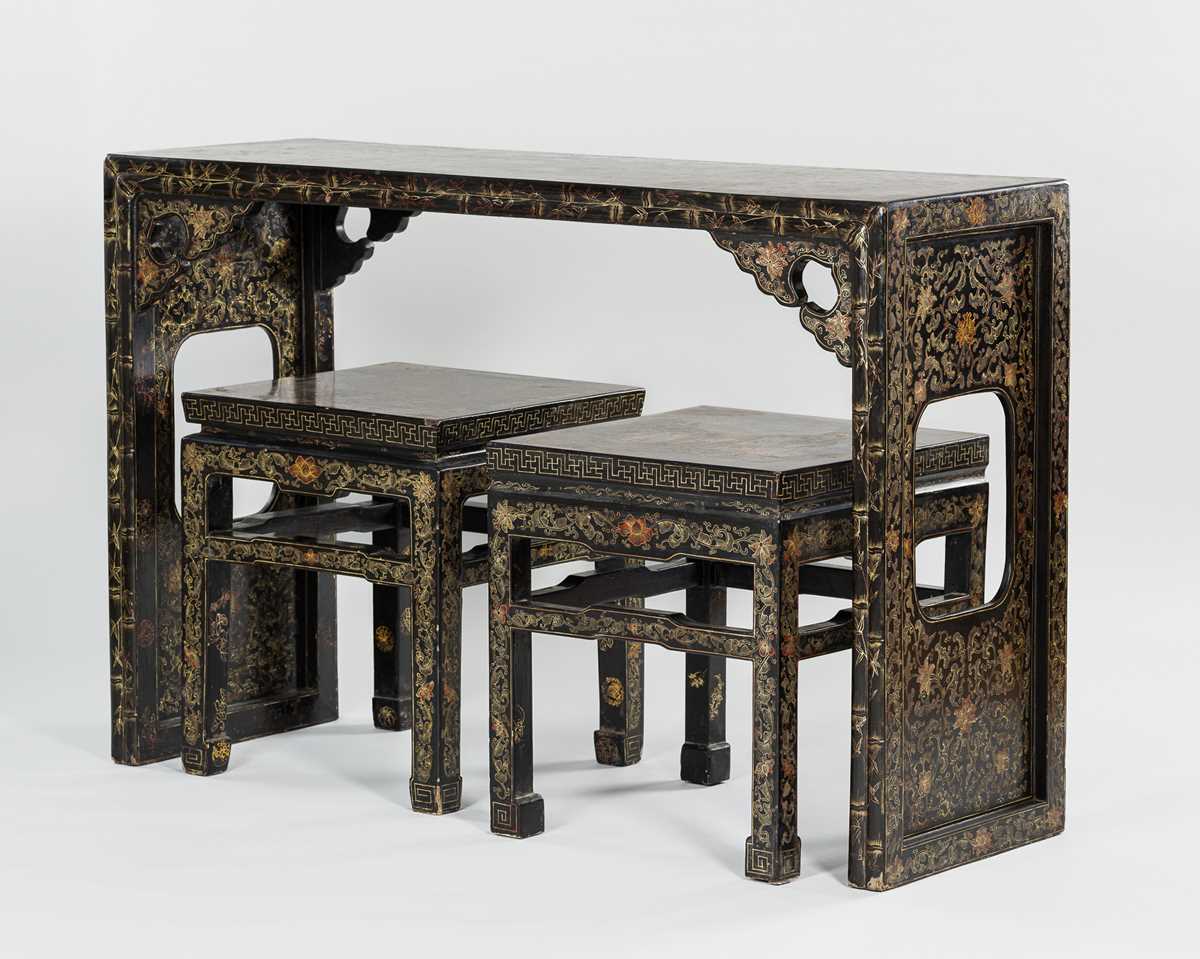 Lot 723 - A LACQUERED ALTAR TABLE AND TWO STOOLS, QING