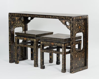 Lot 723 - A LACQUERED ALTAR TABLE AND TWO STOOLS, QING DYNASTY