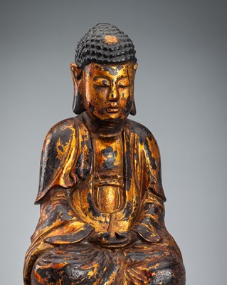 Lot 1492 - A GILT-LACQUERED WOOD FIGURE OF BUDDHA, 18TH CENTURY
