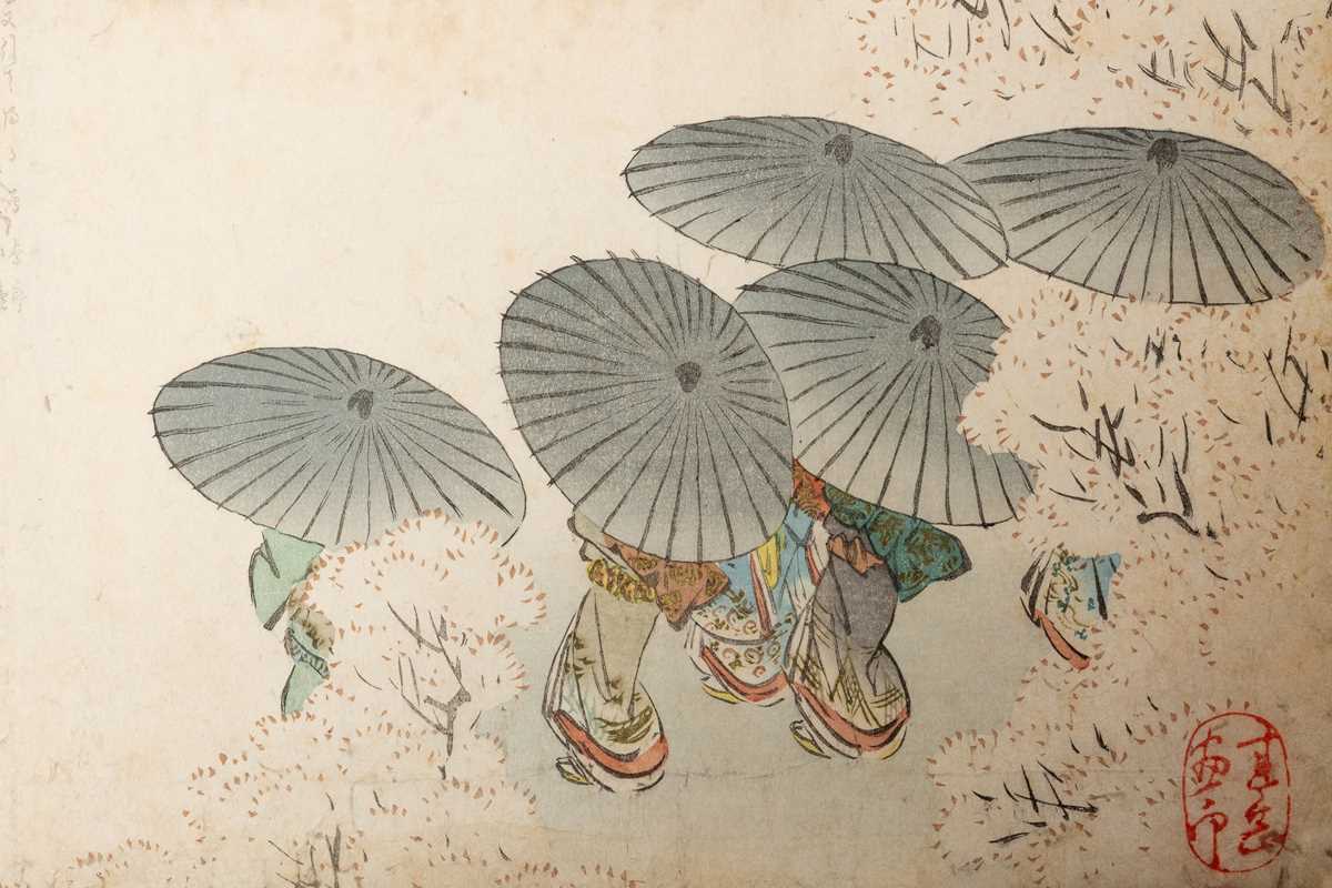 Lot 230 - HARADA KEIGAKU: SURIMONO OF FLOWER PARASOLS (HANAGASA)