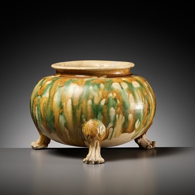 Lot 138 - A SANCAI-GLAZED POTTERY TRIPOD CENSER, TANG DYNASTY