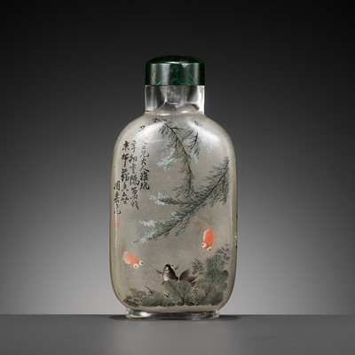 Lot 482 - AN INSIDE-PAINTED GLASS ‘FISHPOND’ SNUFF BOTTLE, BY ZHOU LEYUAN, DATED 1891