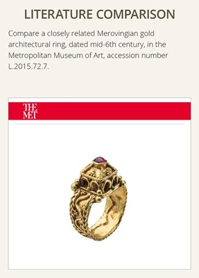 Lot 612 - A MEROVINGIAN GOLD ARCHITECTURAL RING WITH A GLASS INTAGLIO OF A RAM