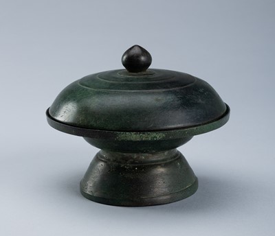 A BRONZE MEDICINE VESSEL AND COVER, KHMER STYLE