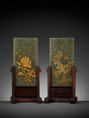 Lot 109 - A PAIR OF GILT-DECORATED SPINACH GREEN JADE PLAQUES, 18TH-19TH CENTURY