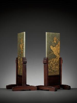 Lot 109 - A PAIR OF GILT-DECORATED SPINACH GREEN JADE PLAQUES, 18TH-19TH CENTURY