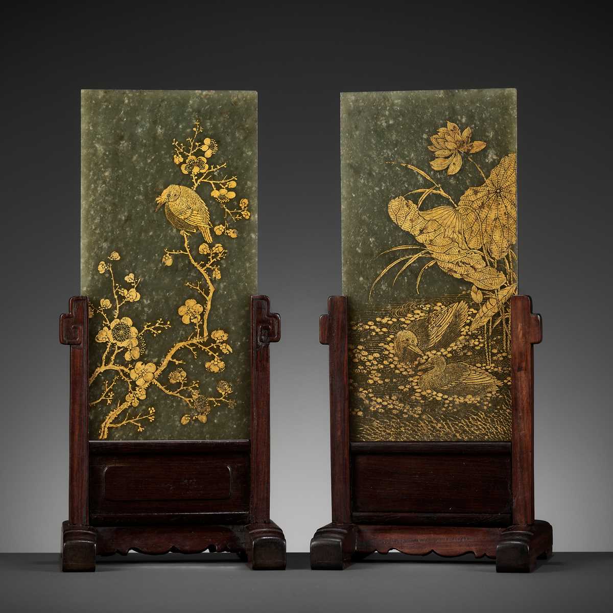 Lot 109 - A PAIR OF GILT-DECORATED SPINACH GREEN JADE PLAQUES, 18TH-19TH CENTURY