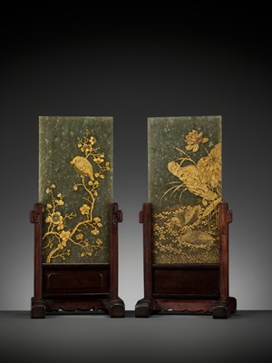 Lot 109 - A PAIR OF GILT-DECORATED SPINACH GREEN JADE PLAQUES, 18TH-19TH CENTURY