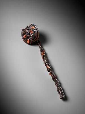Lot 376 - A RARE CARNELIAN-EMBELLISHED ZITAN RUYI SCEPTER, 18TH-19TH CENTURY