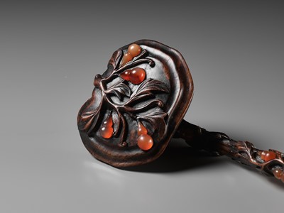 Lot 376 - A RARE CARNELIAN-EMBELLISHED ZITAN RUYI SCEPTER, 18TH-19TH CENTURY