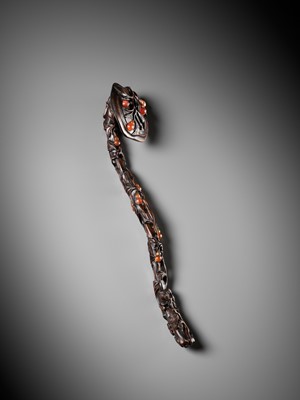 Lot 376 - A RARE CARNELIAN-EMBELLISHED ZITAN RUYI SCEPTER, 18TH-19TH CENTURY