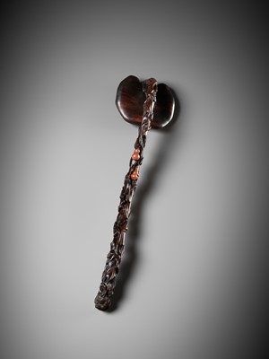 Lot 376 - A RARE CARNELIAN-EMBELLISHED ZITAN RUYI SCEPTER, 18TH-19TH CENTURY