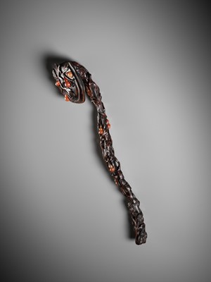 Lot 376 - A RARE CARNELIAN-EMBELLISHED ZITAN RUYI SCEPTER, 18TH-19TH CENTURY
