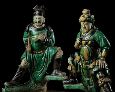 Lot 148 - A PAIR OF RARE AND LARGE SANCAI-GLAZED FIGURAL ROOF TILES, MOUNTED AS LAMPS WITH JADE FINIALS, MING DYNASTY