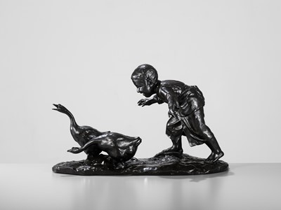 Lot 139 - MASAAKI: A MASSIVE TOKYO SCHOOL BRONZE OKIMONO OF A BOY CHASING GEESE